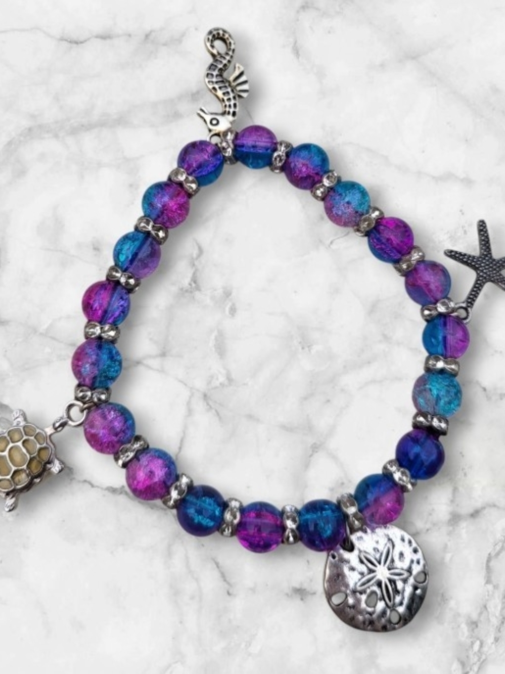 Sea Glass Style Purple & Teal Beaded Charm Bracelet